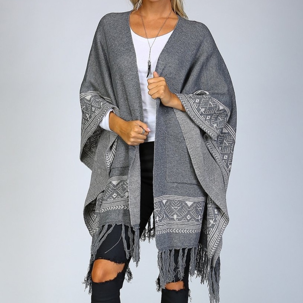 Gray Aztec Fringe Knit Poncho